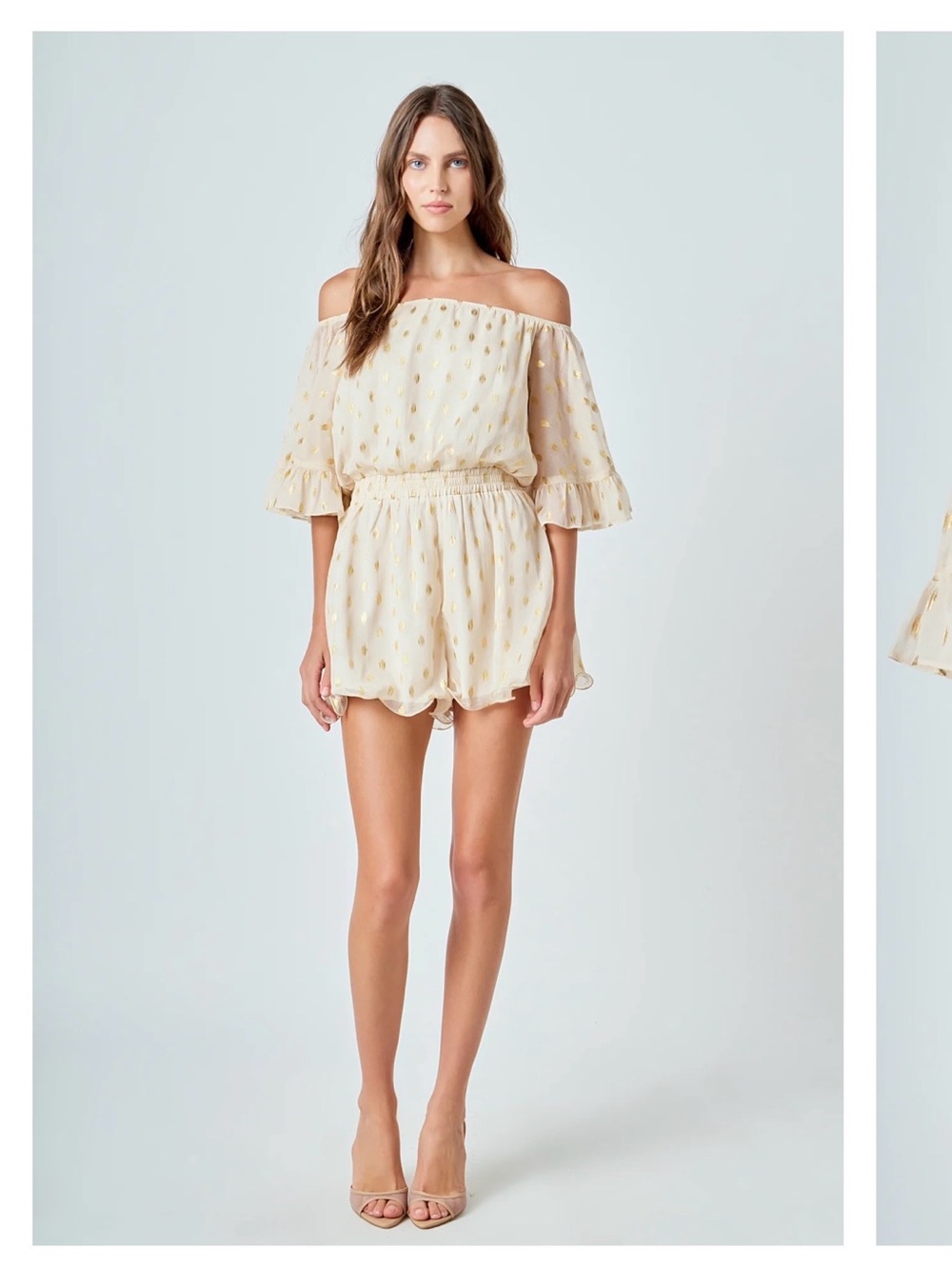 Endless Rose Ivory Off-Shoulder Romper with Gold Dot M